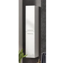 Colonne de salle de bain murale blanc brillant avec deux portes et poignées argentées.