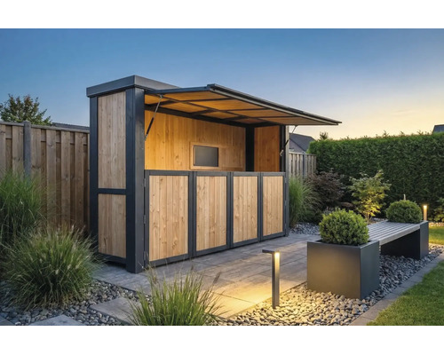 Moderne, organisierte Gartenbar aus Holz und Metall mit geöffneter Klappe in einem hell erleuchteten, gestalteten Außenbereich.