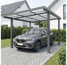 Carport moderne en aluminium avec toit translucide au-dessus d'un véhicule sur une allée pavée devant une maison.