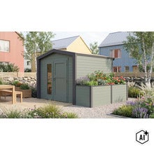 Abri de jardin avec jardinière intégrée et porte double avec insert en verre dans un jardin moderne avec terrasse et plantes (Image AI modified or generated)