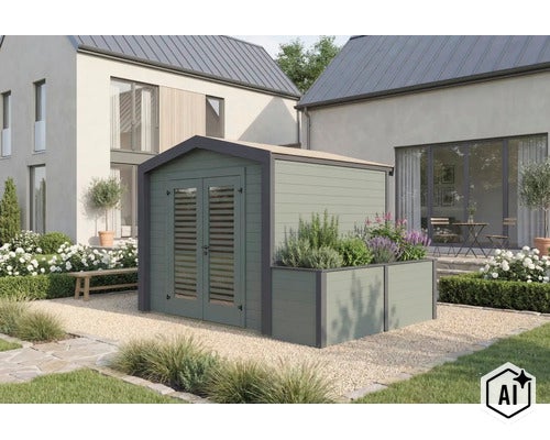 Abri de jardin avec jardinière intégrée au design moderne, situé dans un jardin bien entretenu devant une maison. (Image AI modified or generated)