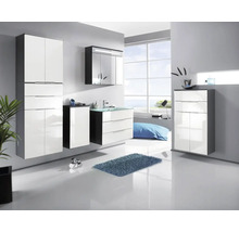 Ensemble de meubles de salle de bain moderne et clair en blanc brillant et anthracite avec armoire haute, meuble sous-vasque et armoire de toilette.