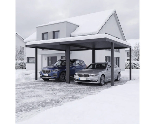 Carport double moderne en aluminium avec deux voitures dans un paysage hivernal enneigé devant une maison.