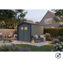 Abri de jardin en bois moderne avec banc intégré dans un jardin entretenu avec éclairage et coin salon (Image AI modified or generated)