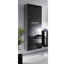 Armoire haute noire brillante avec quatre portes, deux tiroirs et poignées horizontales en métal dans une pièce lumineuse avec plante.
