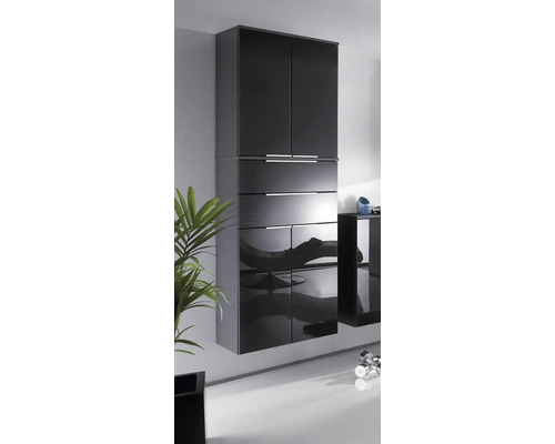 Armoire haute noire brillante avec quatre portes, deux tiroirs et poignées horizontales en métal dans une pièce lumineuse avec plante.