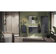 Salle de bains moderne avec meubles gris anthracite comprenant un meuble sous-lavabo, une armoire haute, un miroir à LED et une douche vitrée.