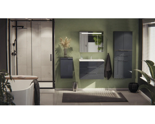 Salle de bains moderne avec meubles gris anthracite comprenant un meuble sous-lavabo, une armoire haute, un miroir à LED et une douche vitrée.