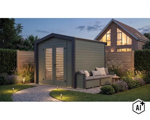 Abri de jardin moderne en bois avec doubles portes et banc intégré dans le jardin au crépuscule. (Image AI modified or generated)