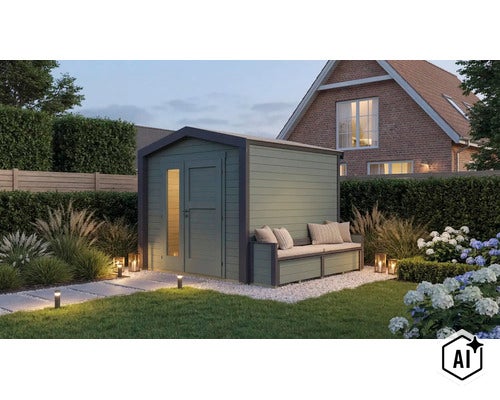 Abri de jardin avec banc intégré au design moderne dans un jardin bien entretenu devant une maison. (Image AI modified or generated)