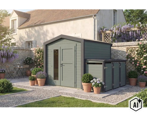 Abri de jardin avec appentis intégré pour ranger les poubelles ou les outils de jardin dans un jardin avec terrasse. (Image AI modified or generated)