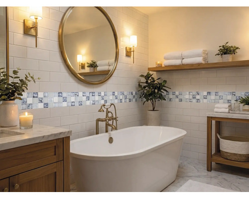 Salle de bain moderne et lumineuse avec baignoire en îlot, miroir rond, meubles en bois, carreaux métro et bordure en mosaïque.
