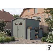 Abri de jardin en bois avec annexe intégrée et table de rempotage dans un jardin devant une maison en brique. (Image AI modified or generated)