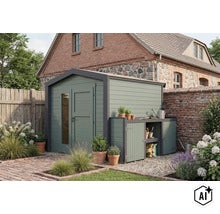 Abri de jardin moderne avec extension intégrée et double porte vitrée dans un jardin devant un bâtiment en briques. (Image AI modified or generated)
