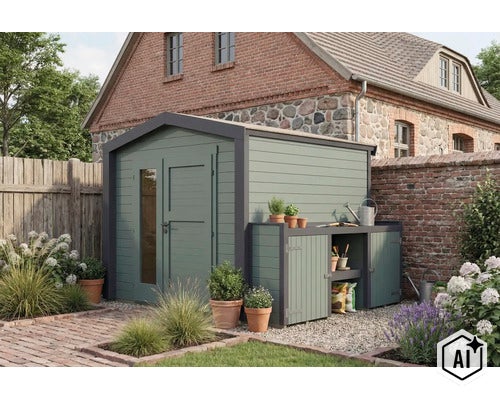 Abri de jardin moderne avec extension intégrée et double porte vitrée dans un jardin devant un bâtiment en briques. (Image AI modified or generated)