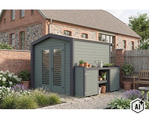 Abri de jardin moderne en bois avec table de rempotage intégrée et porte double dans un jardin devant une maison en briques. (Image AI modified or generated)