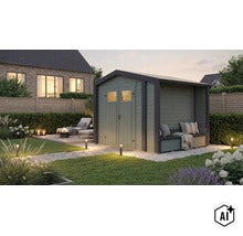 Abri de jardin en bois avec banc intégré et double porte dans un jardin soigné au crépuscule (Image AI modified or generated)