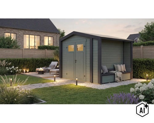 Abri de jardin en bois avec banc intégré et double porte dans un jardin soigné au crépuscule (Image AI modified or generated)