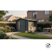 Abri de jardin moderne avec banc intégré couvert, fabriqué en bois, situé dans un jardin bien entretenu avec terrasse et pelouse. (Image AI modified or generated)