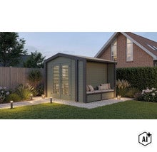 Abri de jardin moderne en bois avec coin salon couvert intégré, double porte et éclairage de jardin. (Image AI modified or generated)