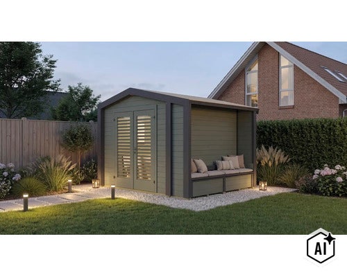 Abri de jardin moderne en bois avec coin salon couvert intégré, double porte et éclairage de jardin. (Image AI modified or generated)