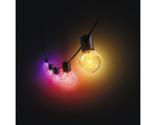 Guirlande lumineuse LED avec des ampoules sphériques colorées sur un câble noir.
