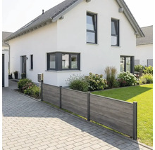 Clôture pare-vue moderne avec panneaux aspect bois et poteaux métalliques entre une allée pavée et une pelouse devant une maison blanche.