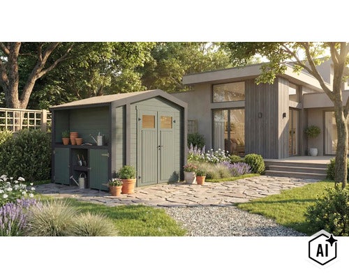 Abri de jardin en bois avec appentis intégré et double porte, situé dans un jardin moderne avec une allée en dalles de pierre. (Image AI modified or generated)