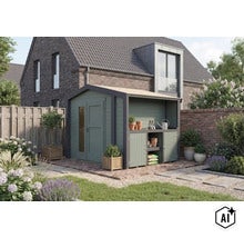 Abri de jardin moderne avec auvent intégré et porte double dans un jardin soigné devant une maison. (Image AI modified or generated)