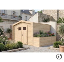 Abri de jardin en bois avec double porte et jardinière intégrée dans un jardin devant un mur en pierre. (Image AI modified or generated)
