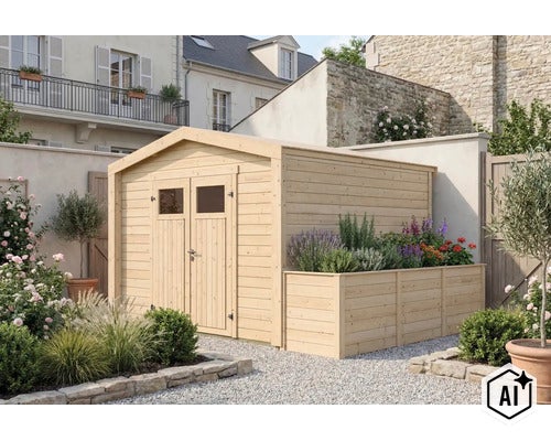 Abri de jardin en bois avec double porte et jardinière intégrée dans un jardin devant un mur en pierre. (Image AI modified or generated)