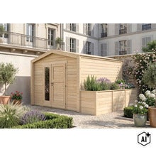 Abri de jardin en bois avec jardinière intégrée dans un jardin ensoleillé devant un bâtiment classique. (Image AI modified or generated)