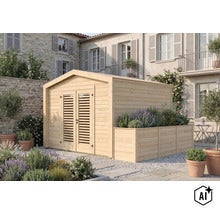 Abri de jardin en bois avec jardinière intégrée devant une maison avec mur en pierre et plantes au jardin. (Image AI modified or generated)