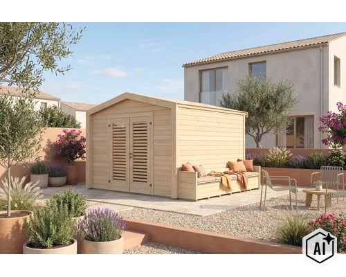 Abri de jardin en bois avec banc intégré et porte double à lames dans le jardin. (Image AI modified or generated)