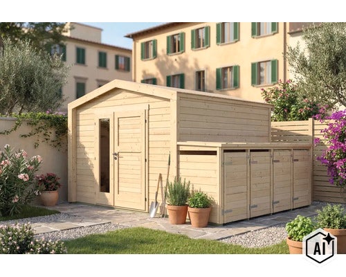 Abri de jardin en bois avec abri poubelle intégré dans un jardin avec des plantes et un chemin pavé. (Image AI modified or generated)