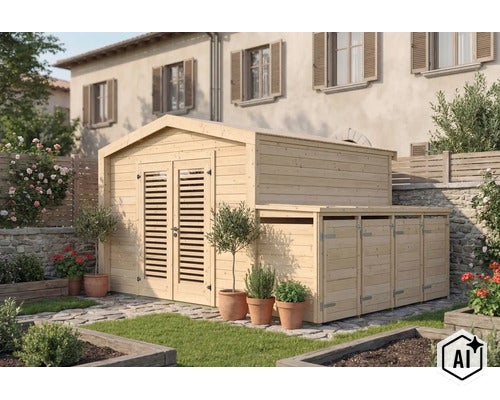 Abri de jardin en bois avec double porte et appentis pour poubelles dans un jardin ensoleillé avec des parterres de fleurs. (Image AI modified or generated)