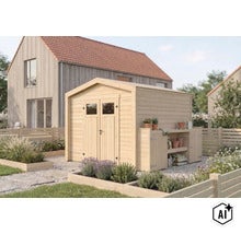 Abri de jardin en bois avec porte double et table de rempotage attenante dans un jardin moderne avec des bacs surélevés. (Image AI modified or generated)