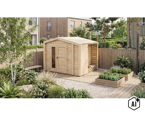 Abri de jardin en bois avec double porte, insertion vitrée et abri à bois intégré dans un jardin entretenu avec jardinières et chemin de gravier. (Image AI modified or generated)