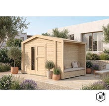 Abri de jardin en bois avec coin salon couvert intégré, double porte avec vitrage et banc sur une terrasse en pierre dans un jardin. (Image AI modified or generated)