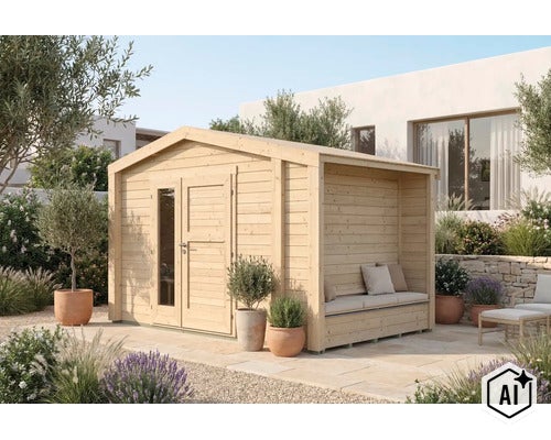 Abri de jardin en bois avec coin salon couvert intégré, double porte avec vitrage et banc sur une terrasse en pierre dans un jardin. (Image AI modified or generated)