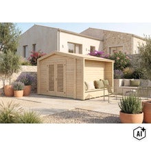 Abri de jardin en bois avec coin salon couvert intégré, double porte avec volets persiennes et jardin attenant de style méditerranéen. (Image AI modified or generated)