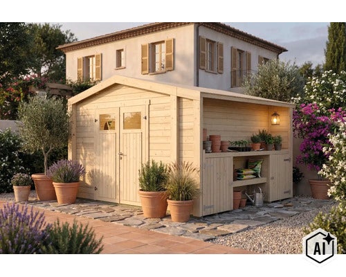 Abri de jardin en bois avec porte double et appentis latéral avec étagères dans un jardin méditerranéen devant une maison. (Image AI modified or generated)