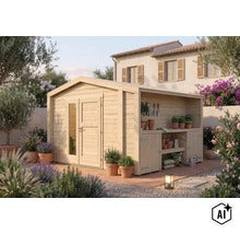 Abri de jardin en bois avec appentis intégré pour outils de jardinage, situé dans un jardin ensoleillé avec des plantes méditerranéennes. (Image AI modified or generated)