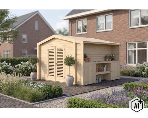 Abri de jardin en bois avec annexe latérale et espace de travail dans un jardin devant une maison. (Image AI modified or generated)