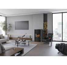 Salon moderne et lumineux avec poêle à bois noir, niche de stockage de bois, table basse en verre et grande fenêtre avec vue sur la ville.