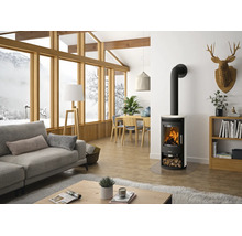 Moderner Kaminofen in hellem Wohnzimmer mit grossen Fensterfronten, Sofa und Essbereich im Hintergrund.