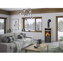 Poêle à bois moderne avec feu dans un salon lumineux avec canapé gris, table en bois et vue sur une forêt enneigée.