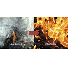 Vergleich der Verbrennung: links starke Rauchentwicklung ohne AirSpeedy, rechts kräftige Flammen mit AirSpeedy.