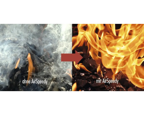 Vergleich der Verbrennung: links starke Rauchentwicklung ohne AirSpeedy, rechts kräftige Flammen mit AirSpeedy.