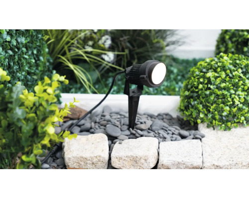 Projecteur de jardin à LED noir avec piquet dans un parterre lumineux avec des pierres grises, des pierres blanches et des plantes vertes.